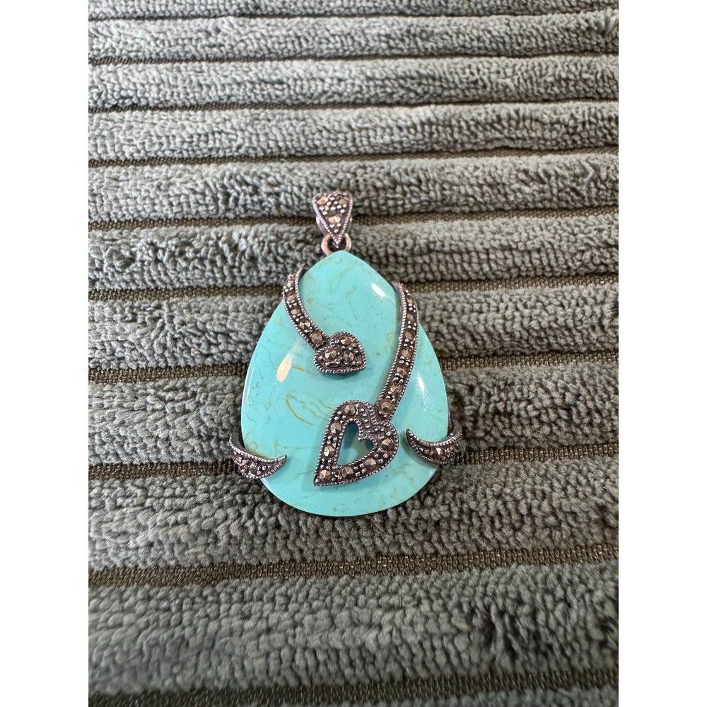 Sterling Silver‎ Marcasite Turquoise Pendant Teardrop Heart Accent 925